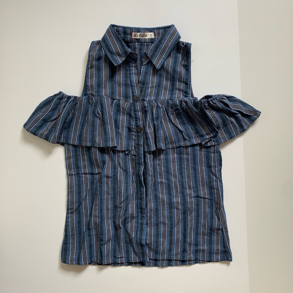 Blue striped cold shoulder button up